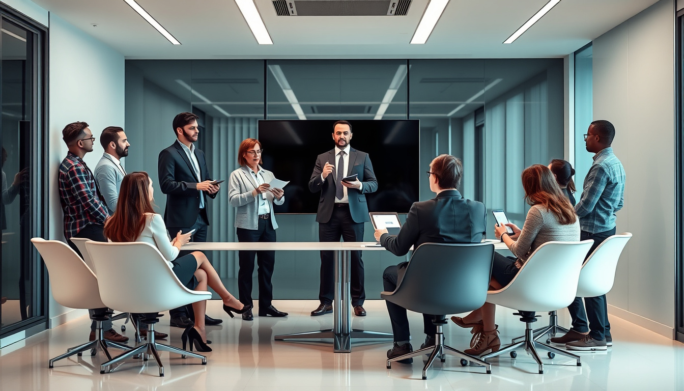  Diverse group of coaches presenting strategies in sleek meeting room, dynamic team collaboration session